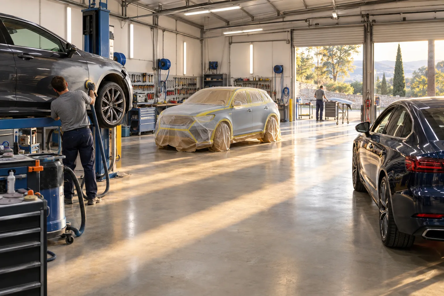 Un carrossier ponce l'aile d'une voiture montée sur un lève-auto, dans un atelier de carrosserie lumineux.