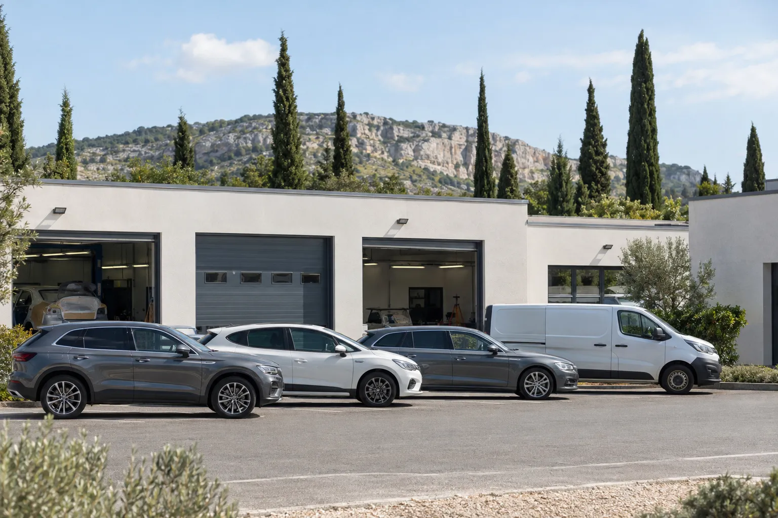Parking d'une zone d'activité provençale : bâtiments bas à toit plat, quelques véhicules garés en ligne, cyprès et une colline calcaire en fond.