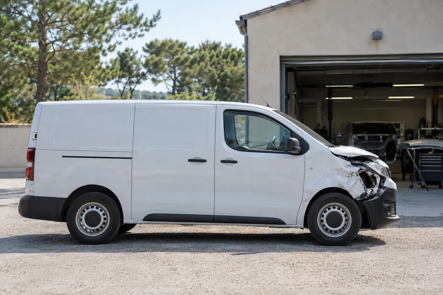 Camionnette blanche d'artisan avec une aile enfoncée, garée devant un atelier.